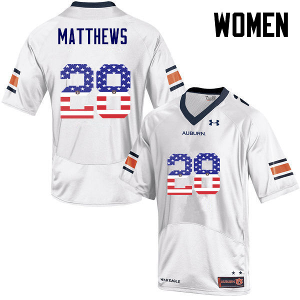 Women #28 Tray Matthews Auburn Tigers USA Flag Fashion College Football Jerseys-White - Click Image to Close